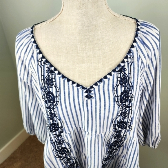 Melissa Paige Women’s Plunge V Neck Linen Baloon Sleeve Top Blouse Blue Size Med - Picture 3 of 10